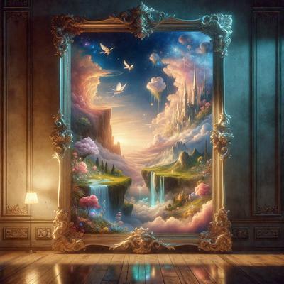 The primary subject of the image is a large, ornate painting of a fantasy world. The painting features a beautiful landscape with a waterfall, a castle, and a city in the background. The setting is a room with a wooden floor, and the visual style is a combination of digital art and illustration. The colors and mood of the painting are vibrant and lively, creating a sense of wonder and imagination.